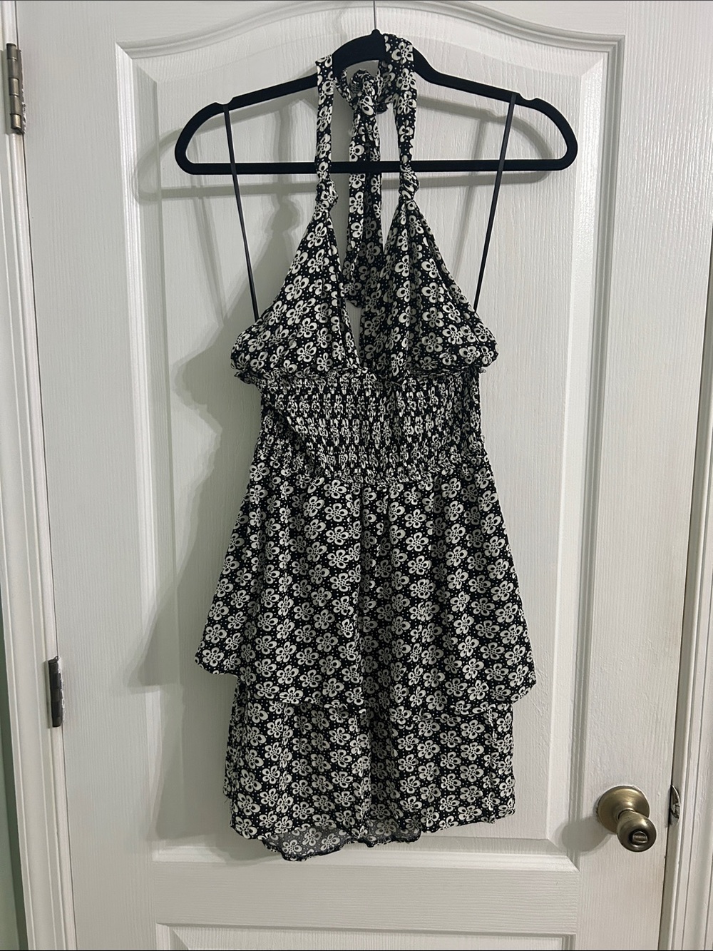 CeCe Black and White Floral Backless Halter Dress